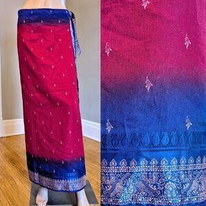 Vintage 90s Thai Silk by Apple Wrap Skirt Red Blue Filigree Ombre